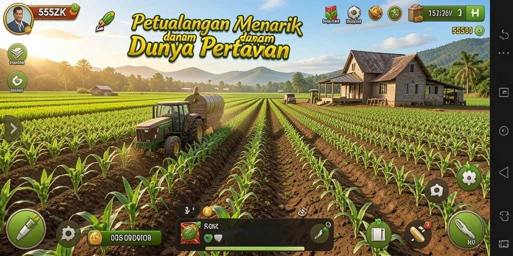 Tangkapan layar gameplay <strong>555ZK</strong> yang menunjukkan ladang subur dan hewan ternak.