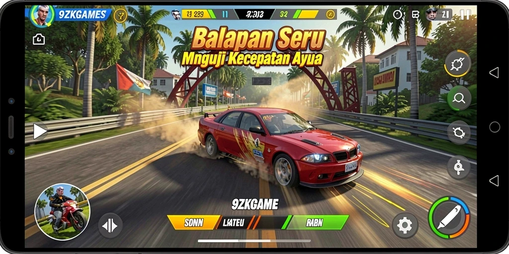 Gameplay 9ZKGAMES yang mendebarkan dengan mobil balap berkecepatan tinggi.