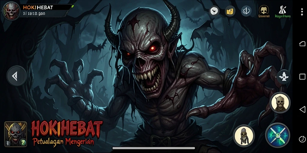 Screenshot HOKIHEBAT menampilkan aksi menyeramkan di lokasi gelap.