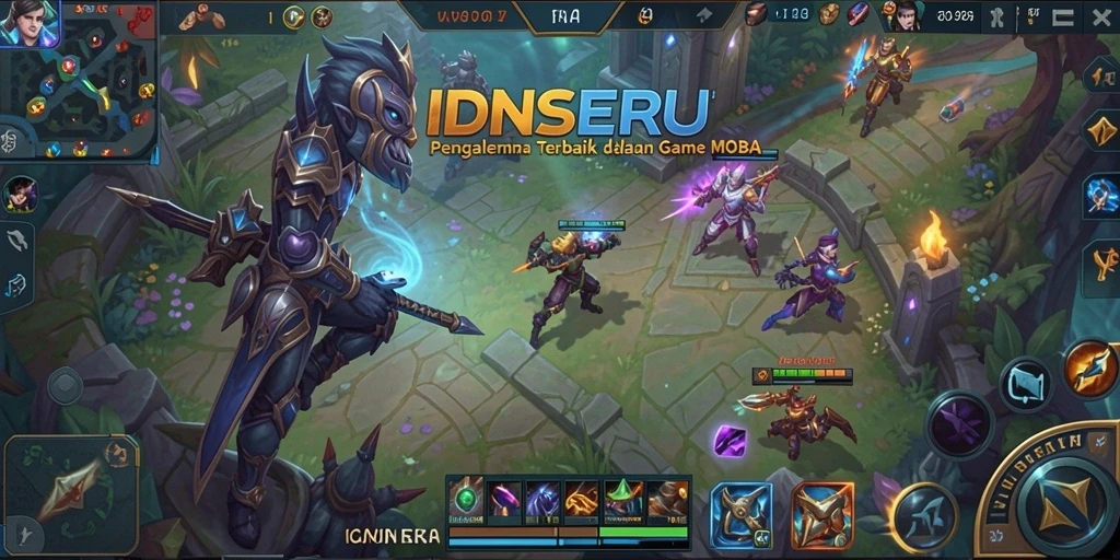 Screenshot utama IDNSERU menampilkan pertarungan intens dalam gameplay MOBA.