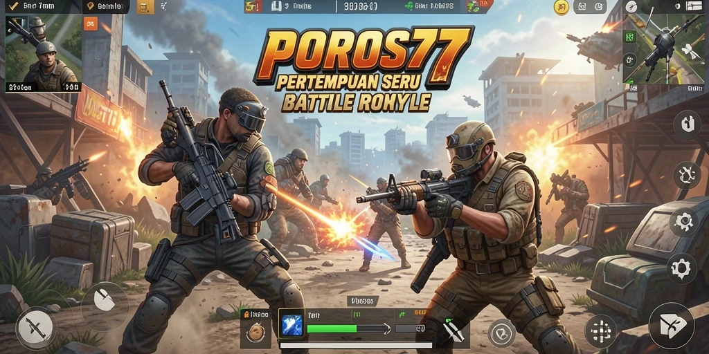Tampilan gameplay mendebarkan di POROS77 saat pemain bertempur dalam pertempuran Battle Royale.