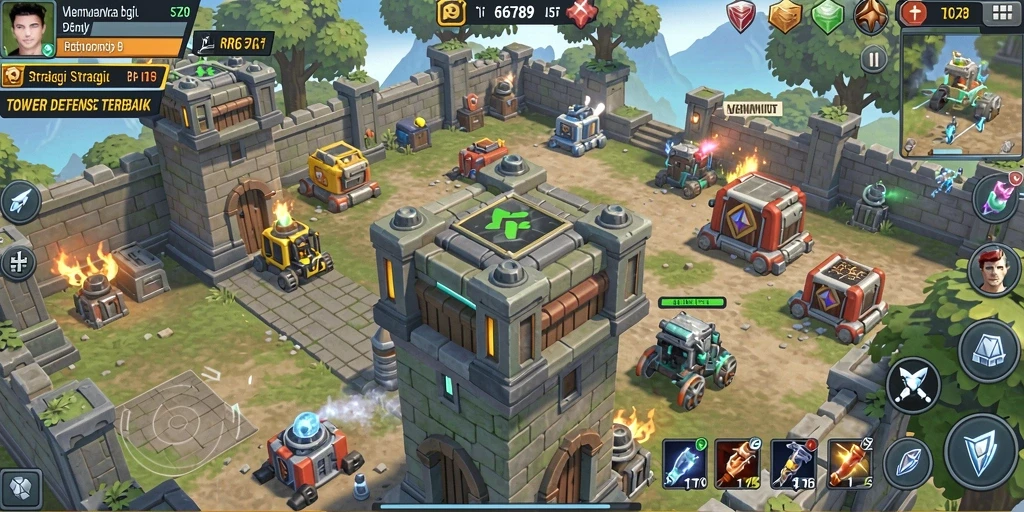Tampilan gameplay RP6789 dengan menara dan musuh yang dinamis.